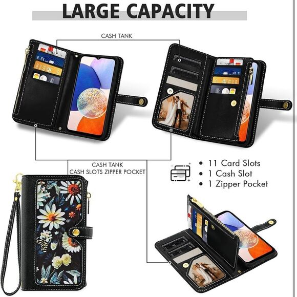 Samsung Galaxy A14 M14 5G Wallet Case Floral Wristlet Black Card Holder FC5 - Picture 5 of 8
